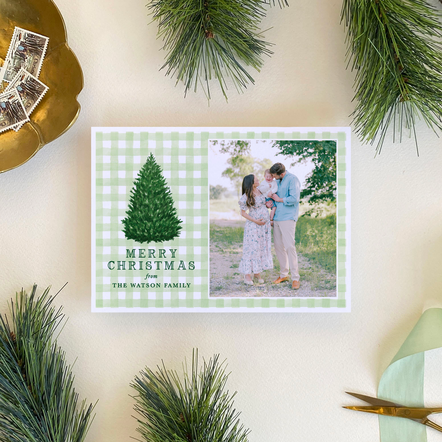 Norway Spruce Gingham Holiday Card, Landscape
