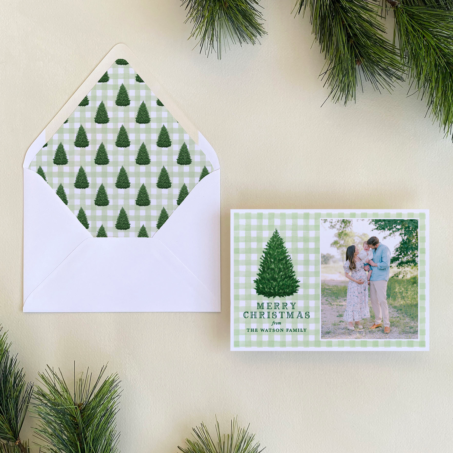 Norway Spruce Gingham Holiday Card, Landscape