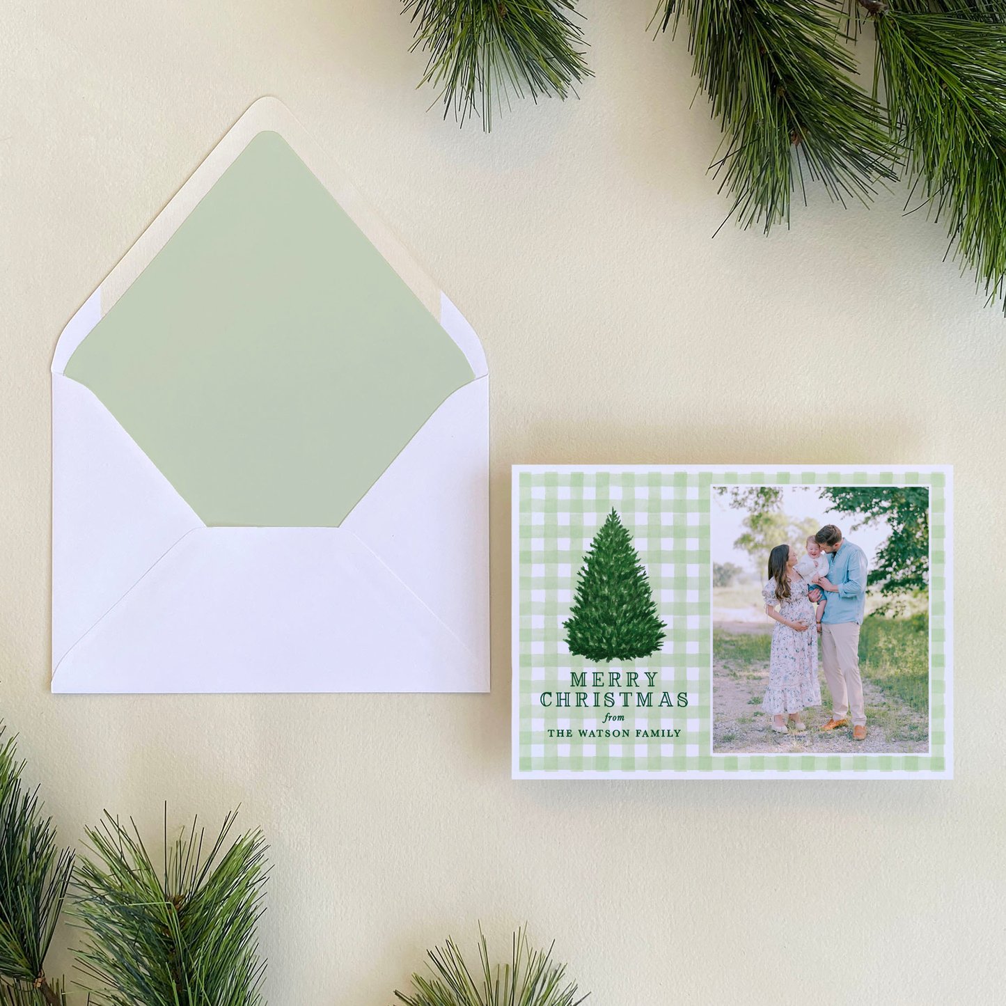 Norway Spruce Gingham Holiday Card, Landscape