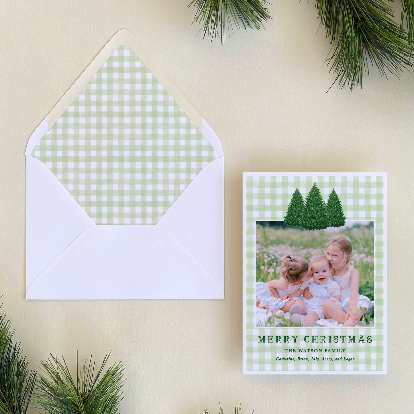 Norway Spruce Gingham Holiday Card, Portrait