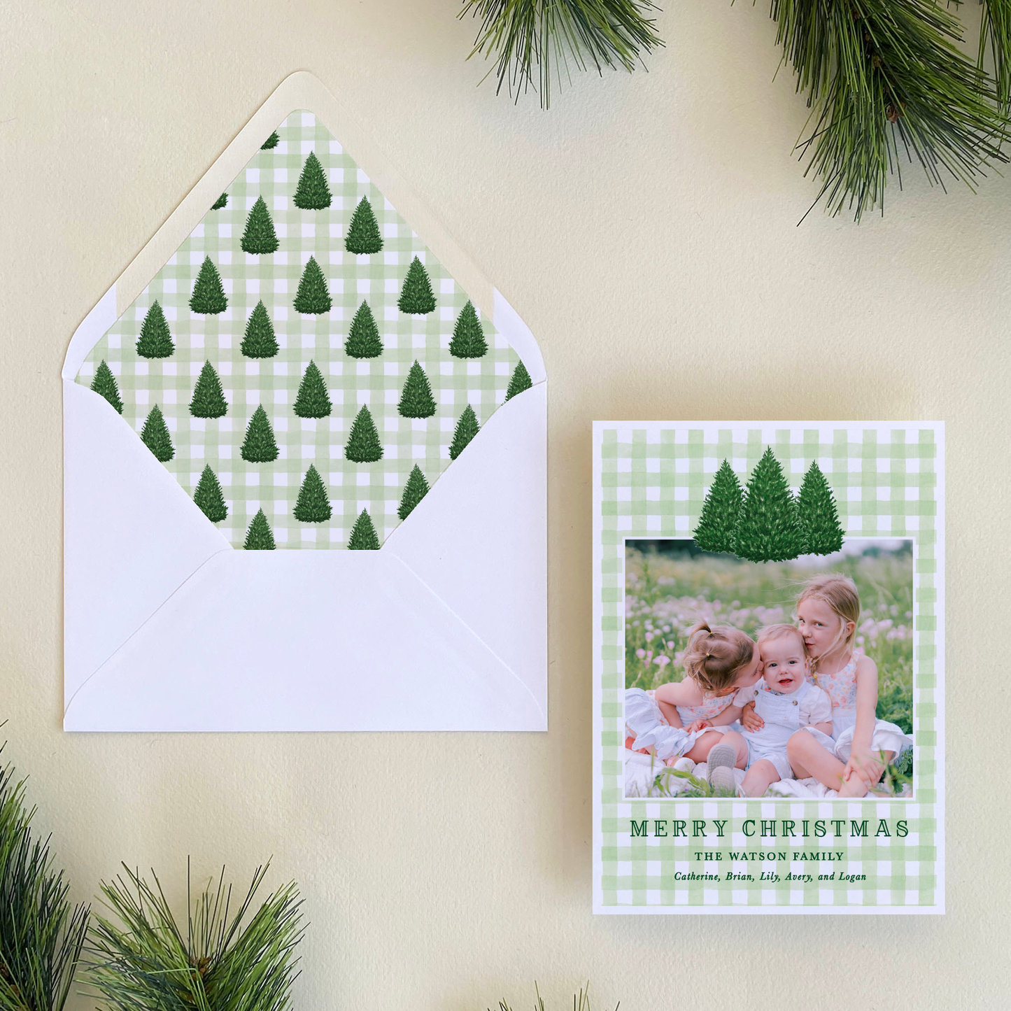 Norway Spruce Gingham Holiday Card, Portrait
