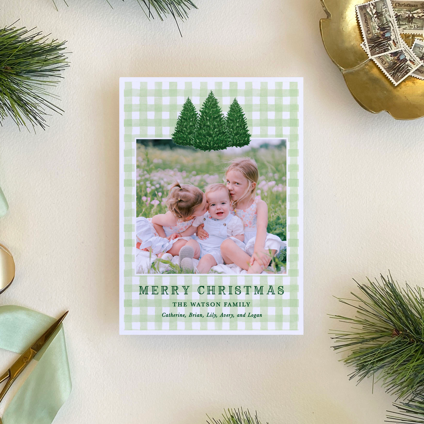 Norway Spruce Gingham Holiday Card, Portrait