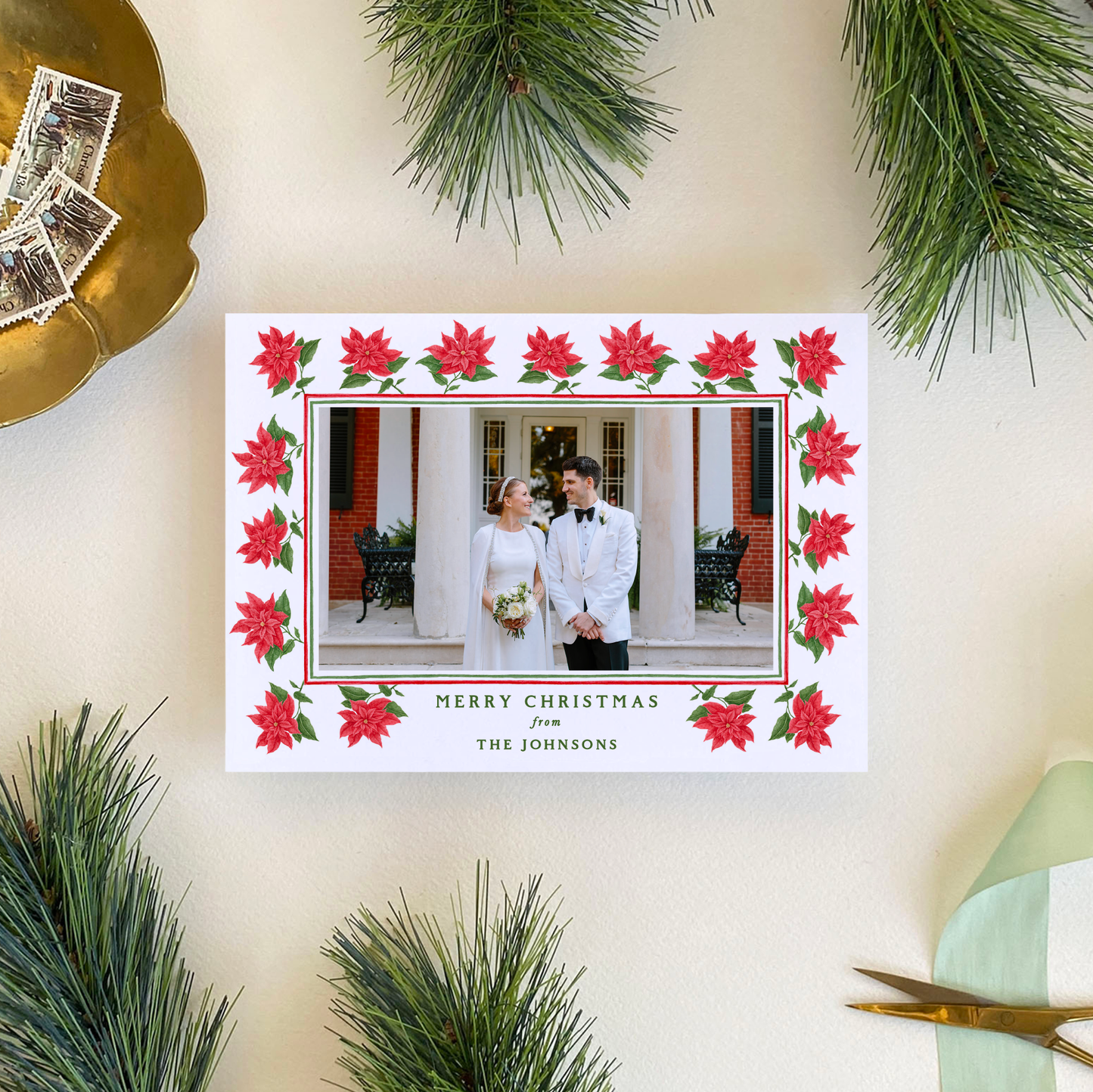 Poinsettia Blooms Holiday Card, Landscape
