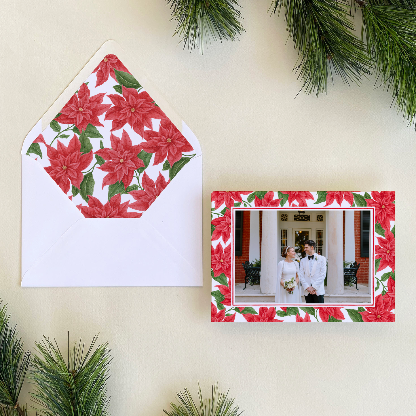 Poinsettia Border Holiday Card, Landscape
