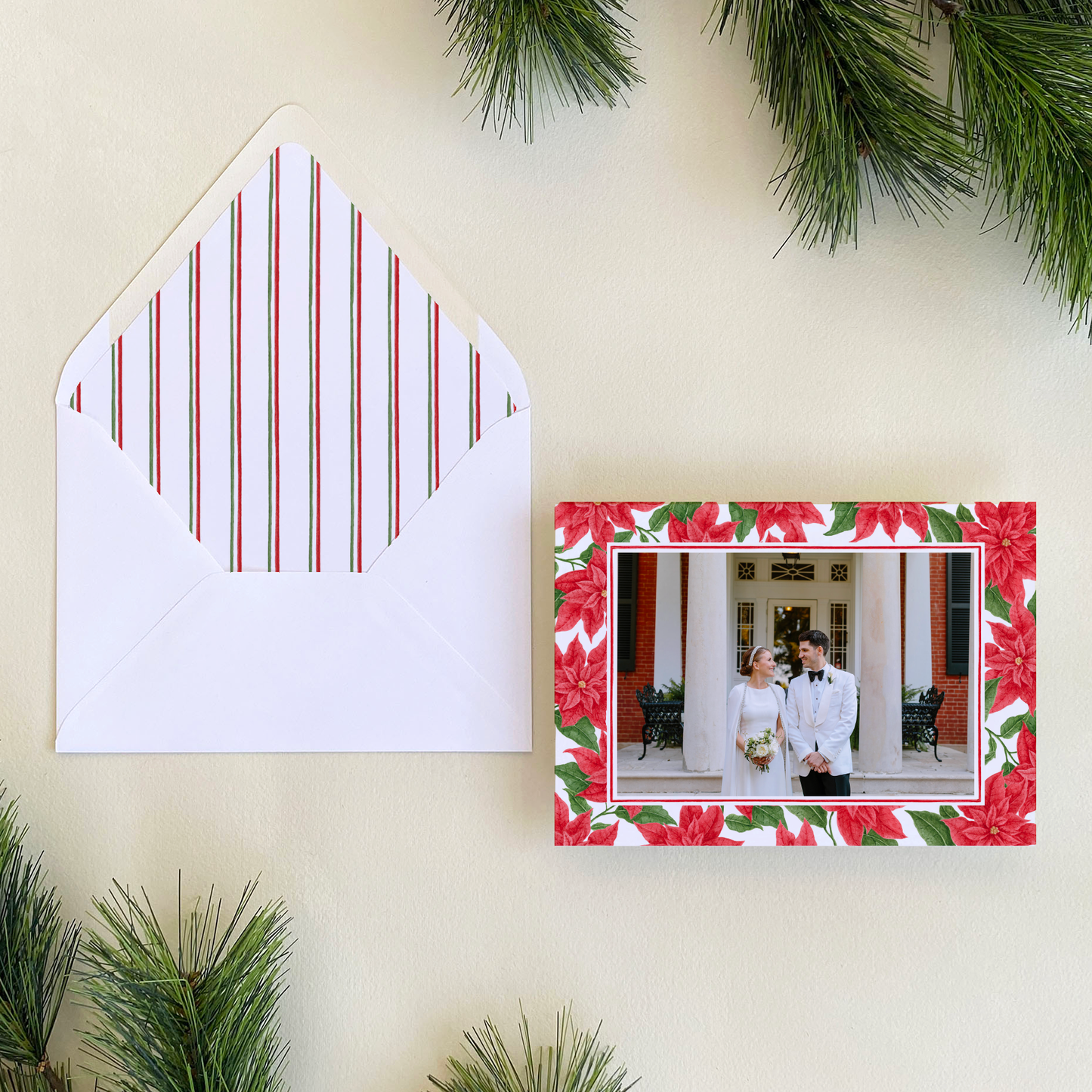 Poinsettia Border Holiday Card, Landscape