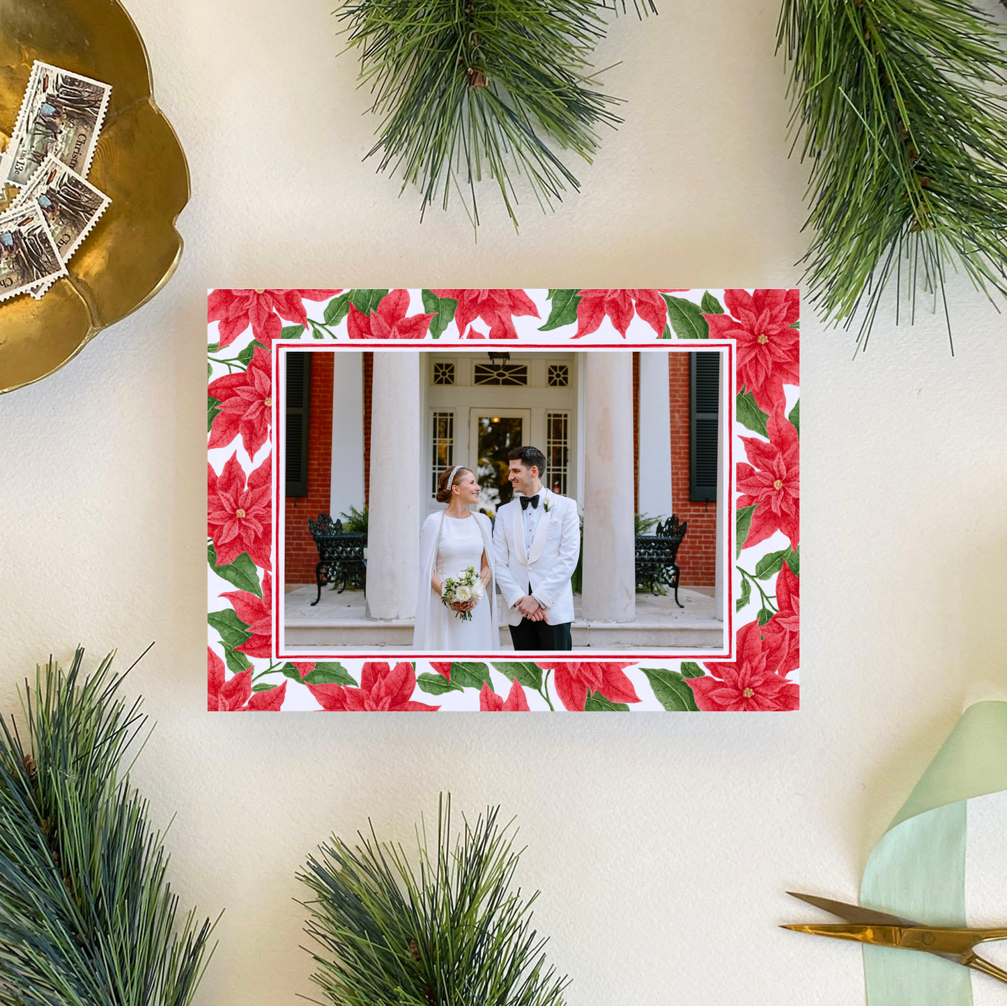 Poinsettia Border Holiday Card, Landscape