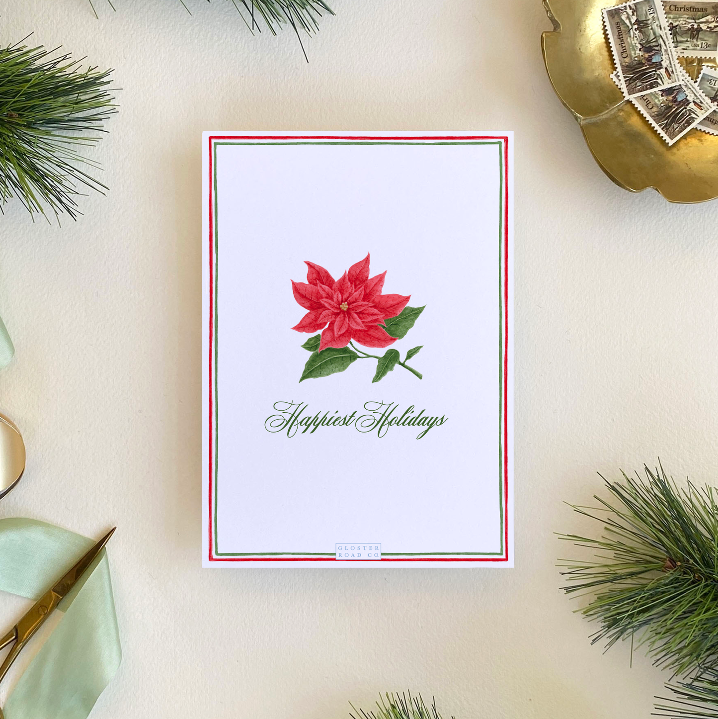 Poinsettia Border Holiday Card, Portrait