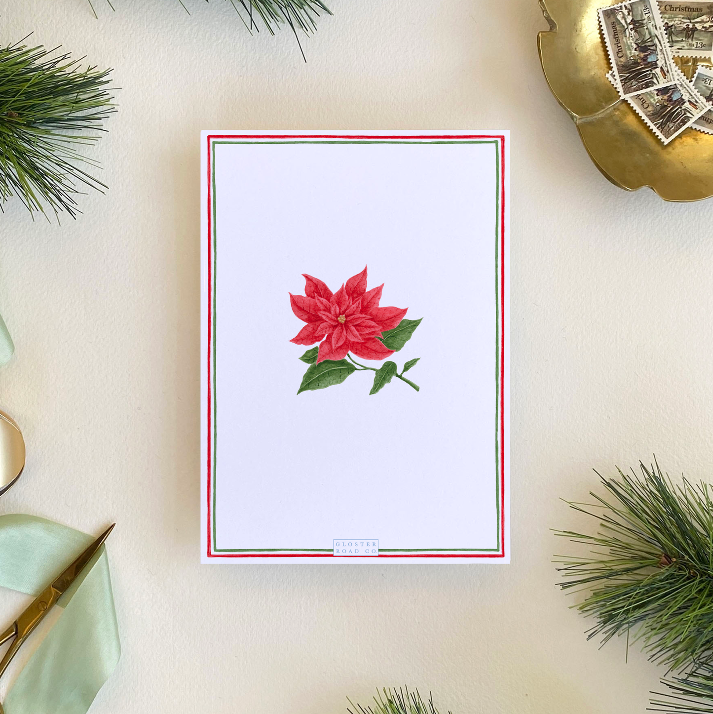 Poinsettia Border Holiday Card, Portrait