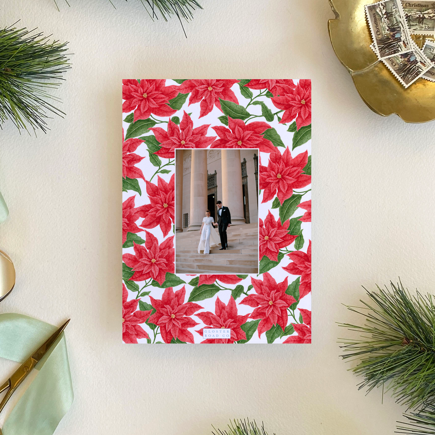Poinsettia Border Holiday Card, Portrait