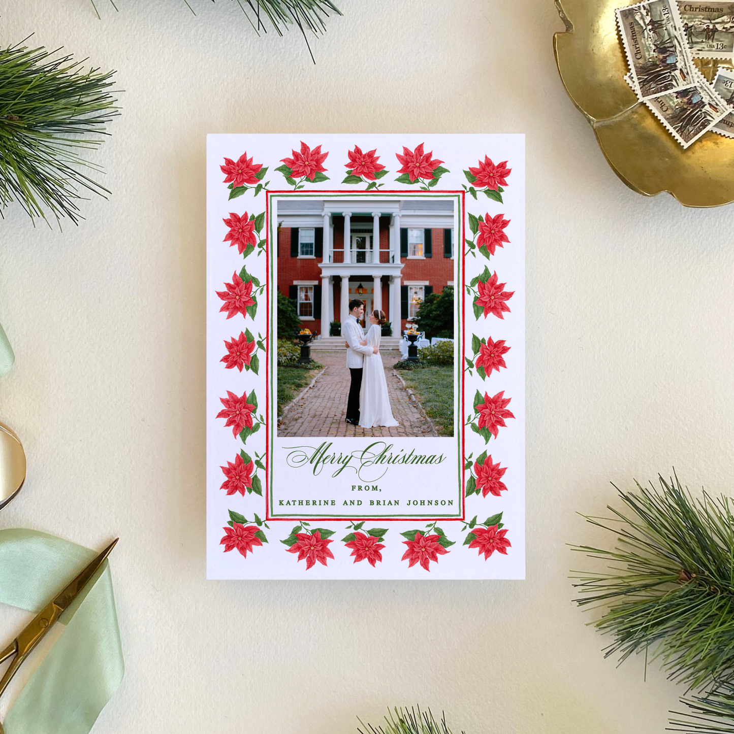 Poinsettia Blooms Holiday Card, Portrait