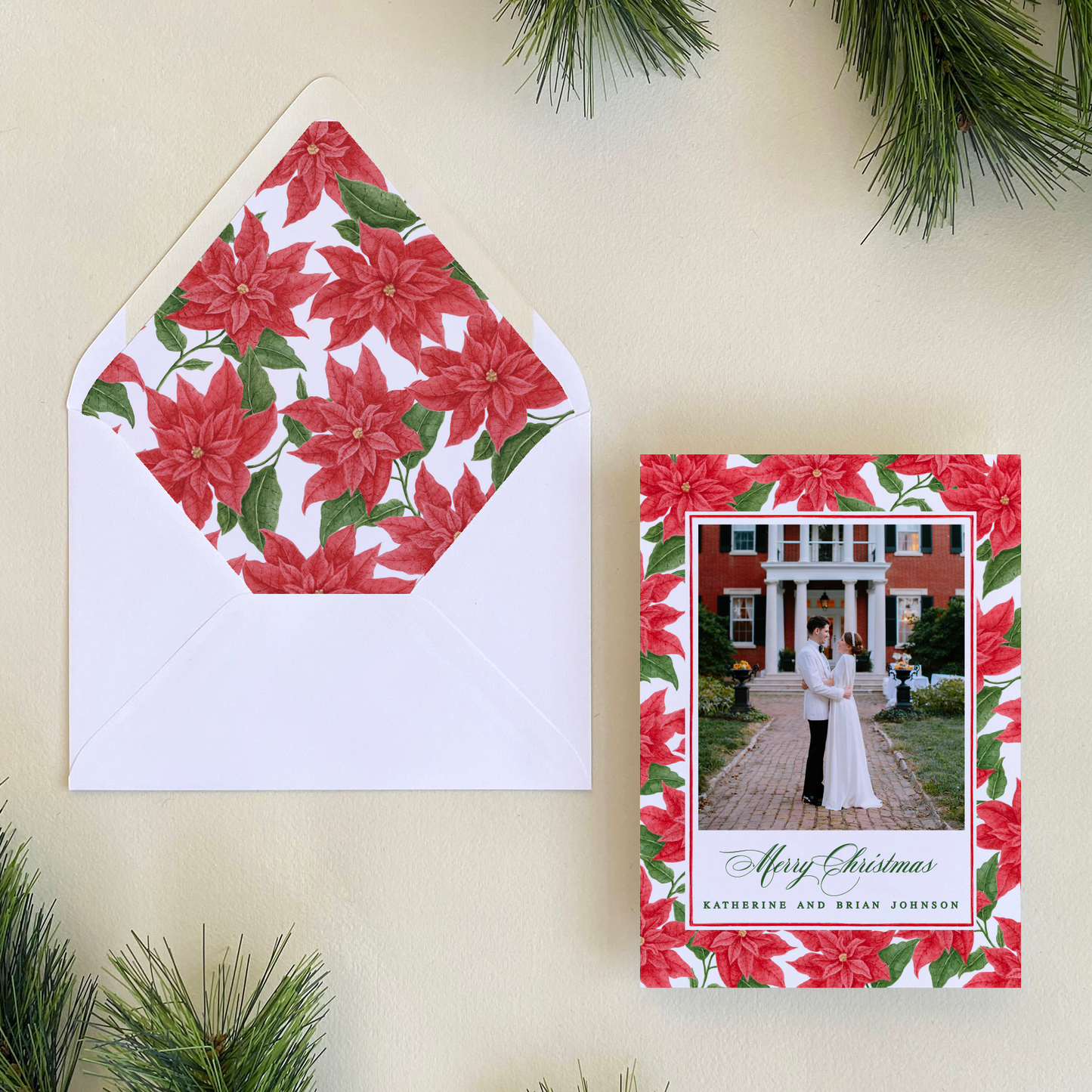 Poinsettia Border Holiday Card, Portrait