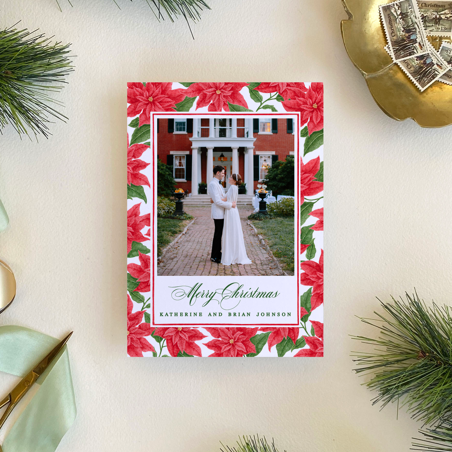 Poinsettia Border Holiday Card, Portrait