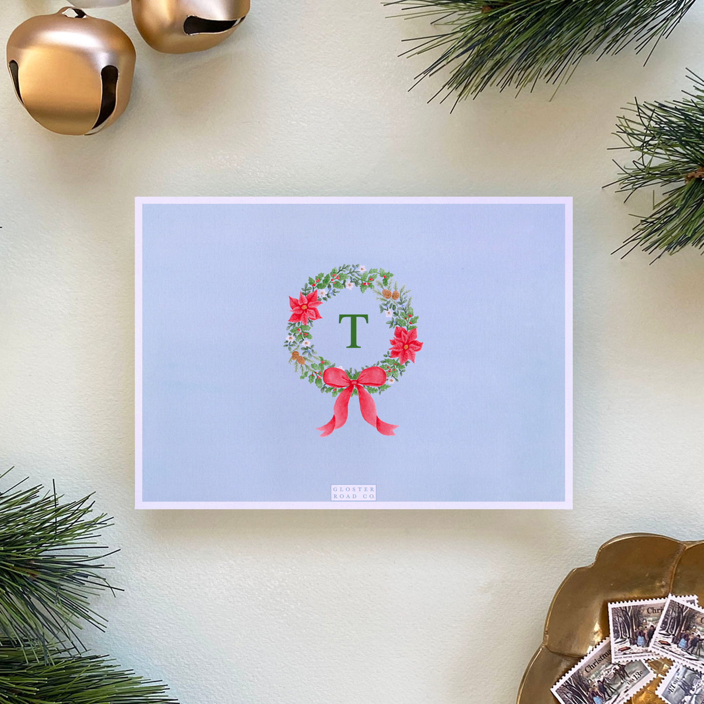Poinsettia Wreath Holiday Card, Landscape