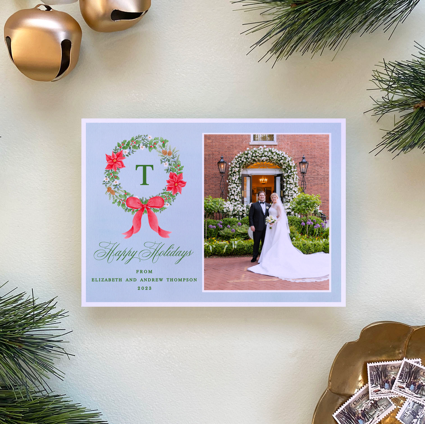 Poinsettia Wreath Holiday Card, Landscape