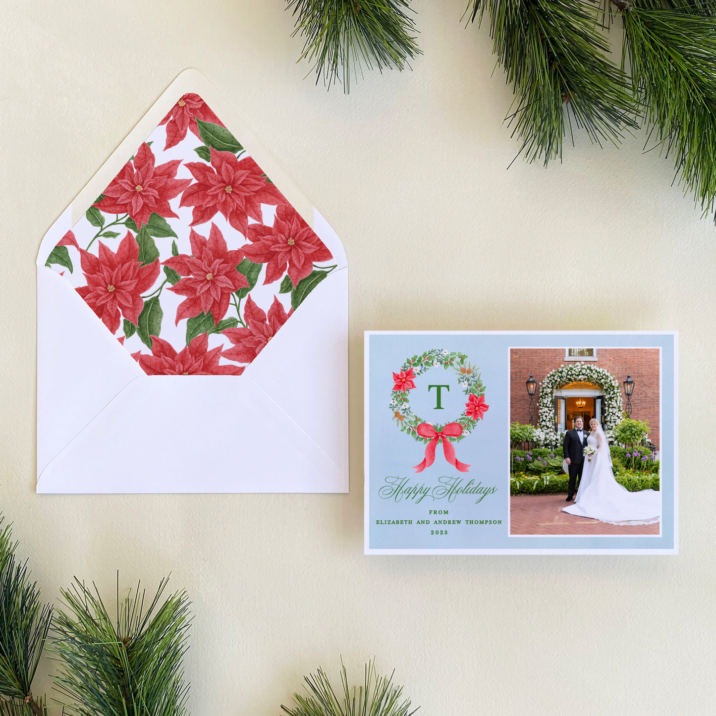 Poinsettia Wreath Holiday Card, Landscape