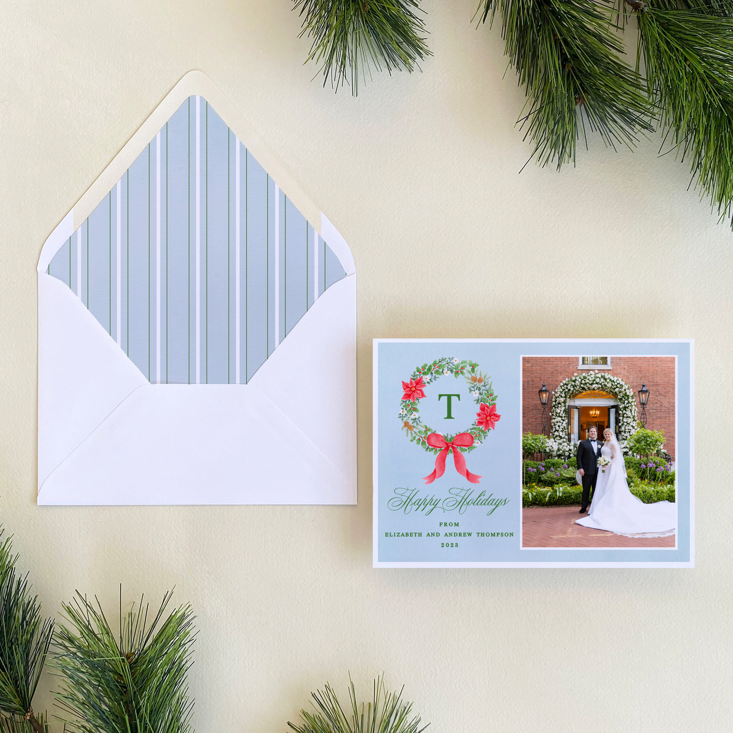 Poinsettia Wreath Holiday Card, Landscape