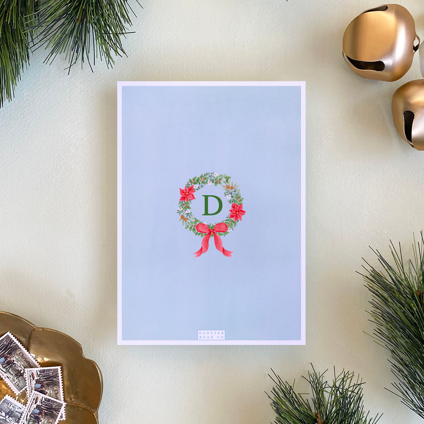 Poinsettia Wreath Holiday Card, Portrait