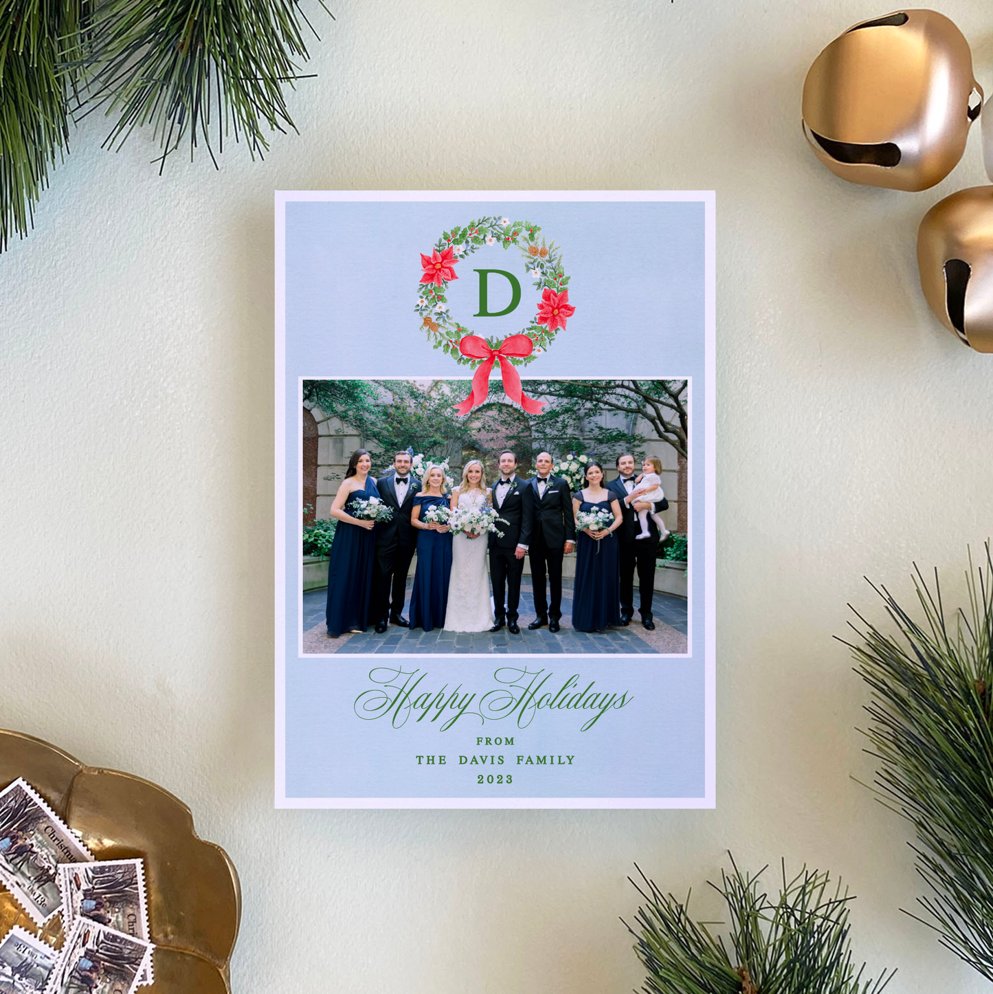 Poinsettia Wreath Holiday Card, Portrait