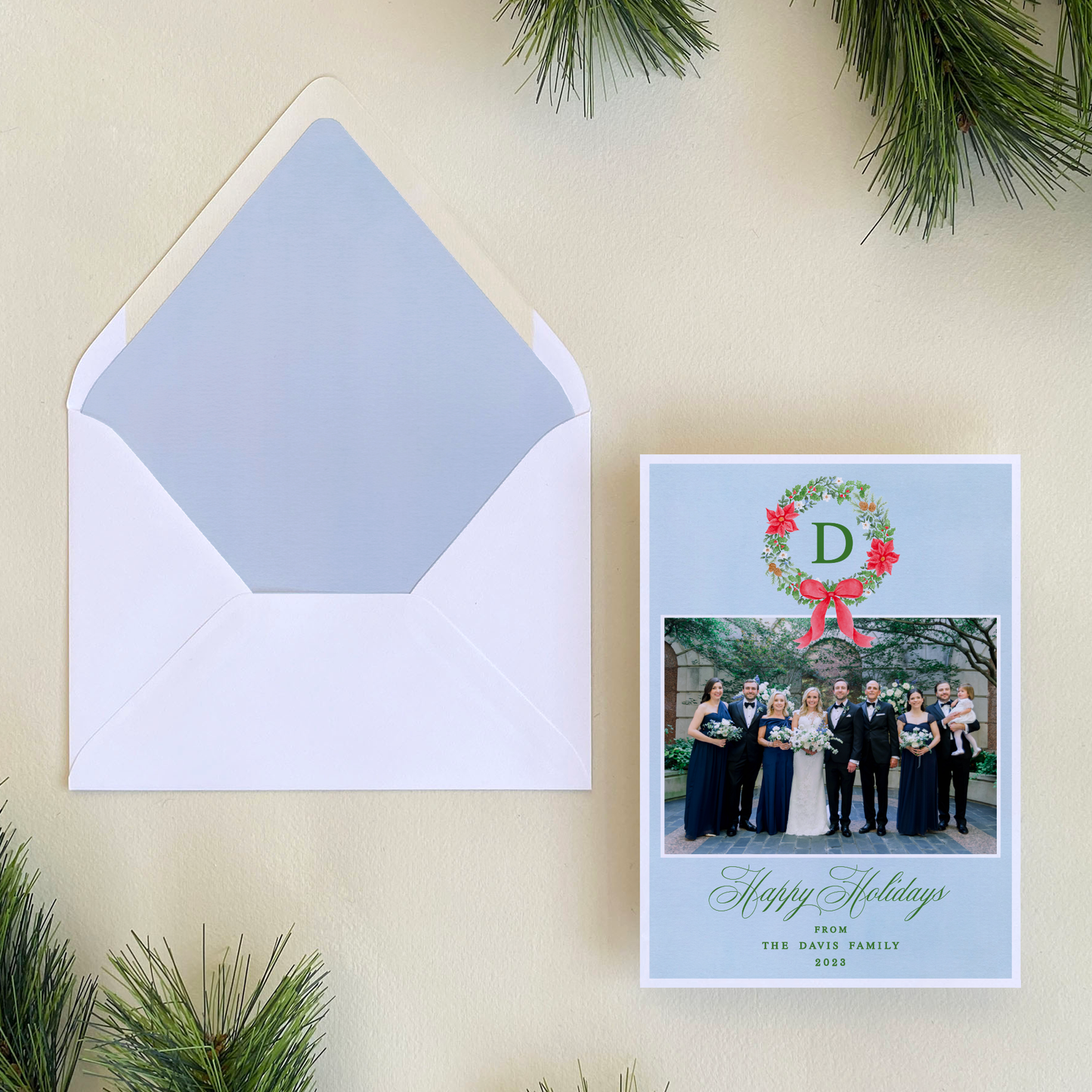 Poinsettia Wreath Holiday Card, Portrait