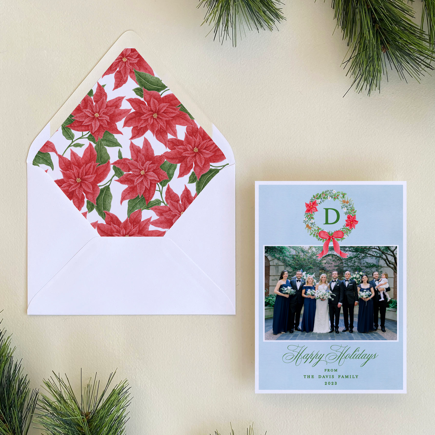Poinsettia Wreath Holiday Card, Portrait