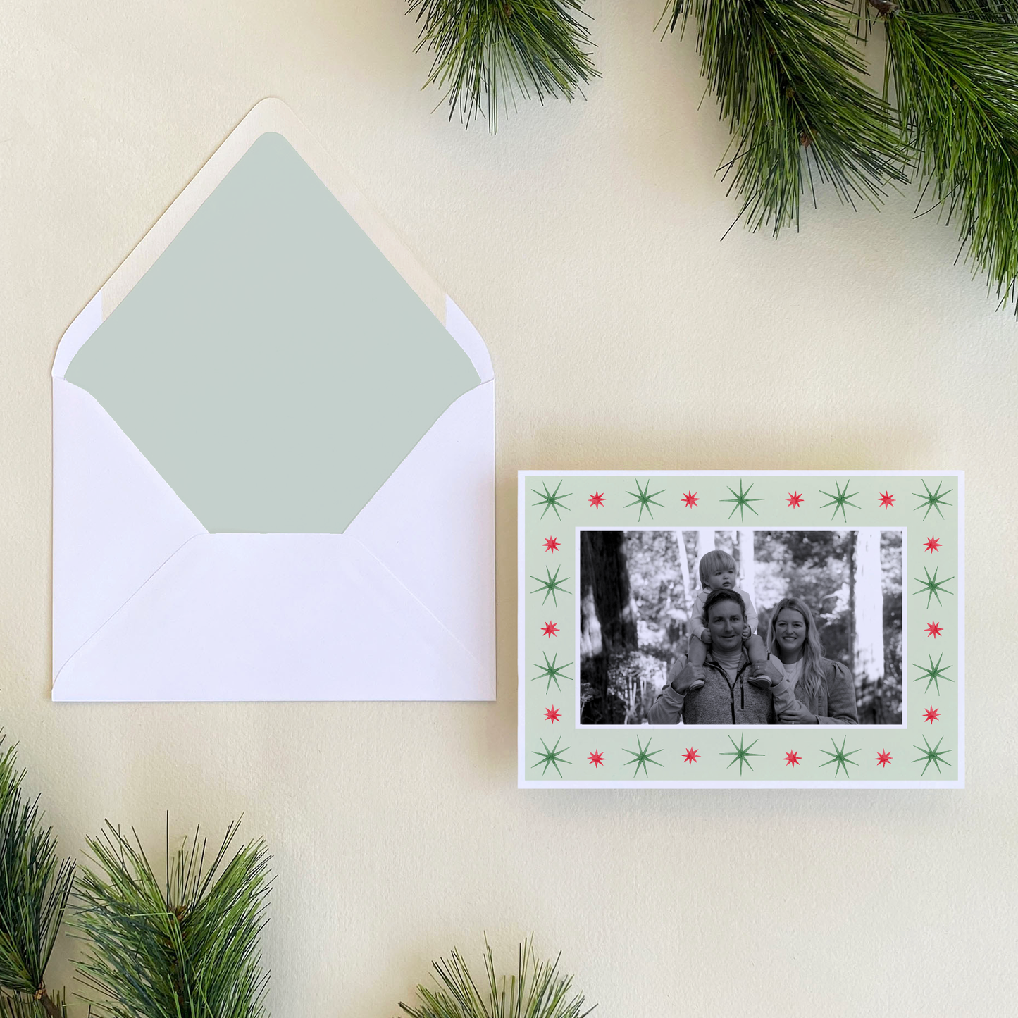 Red & Green Starburst Border Holiday Card, Landscape