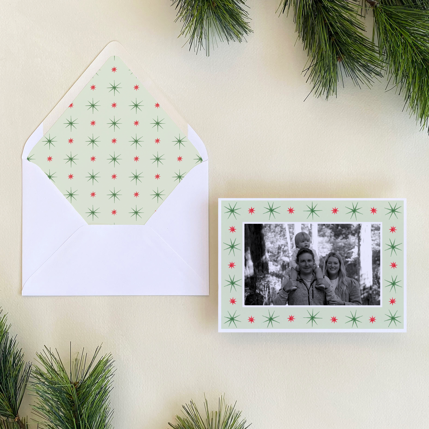 Red & Green Starburst Border Holiday Card, Landscape