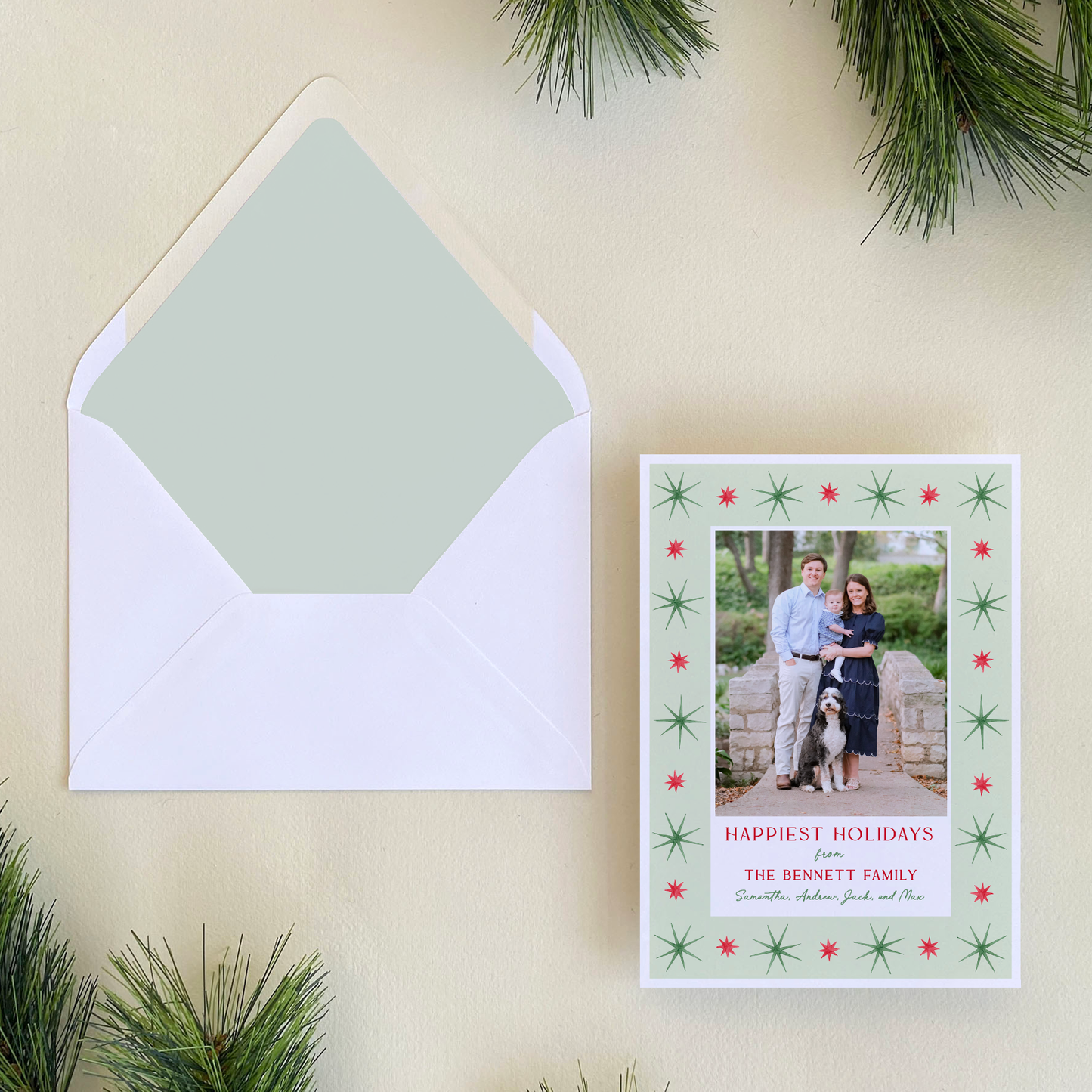 Red & Green Starburst Border Holiday Card, Portrait