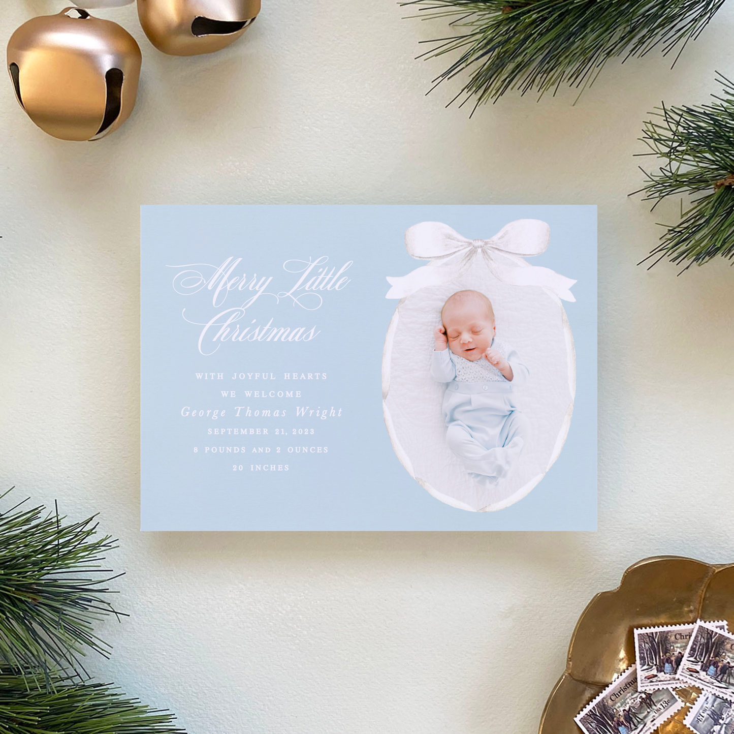 Satin Ribbon Holiday Card, Blue - Landscape