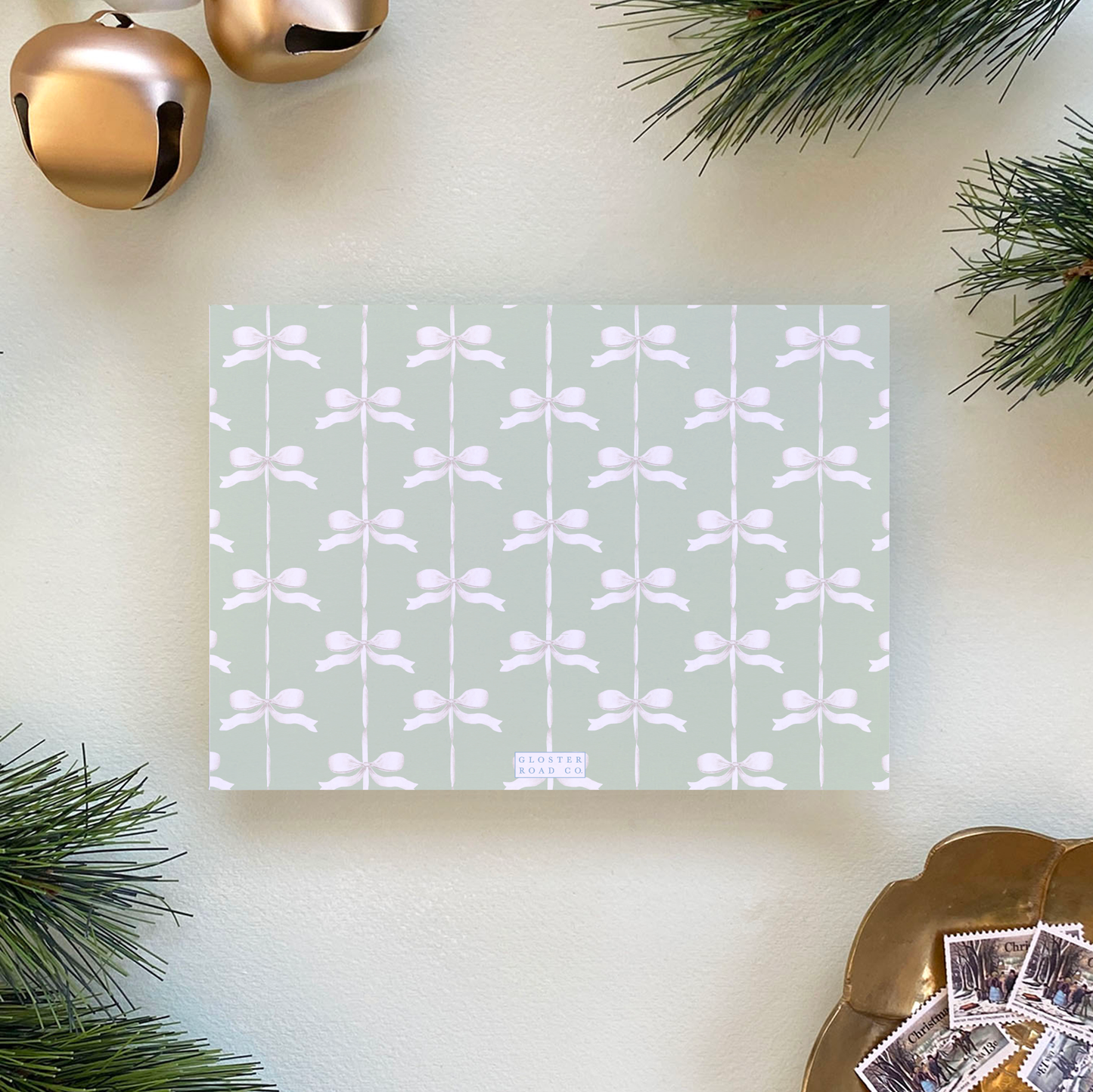 Satin Ribbon Holiday Card, Green - Landscape