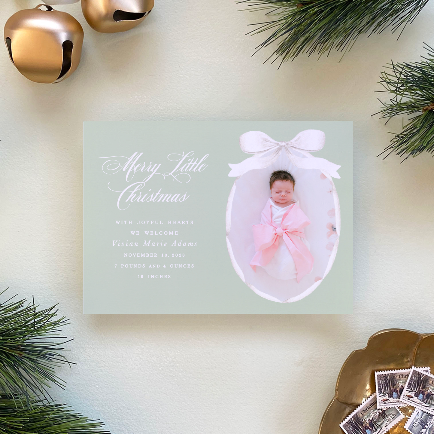Satin Ribbon Holiday Card, Green - Landscape
