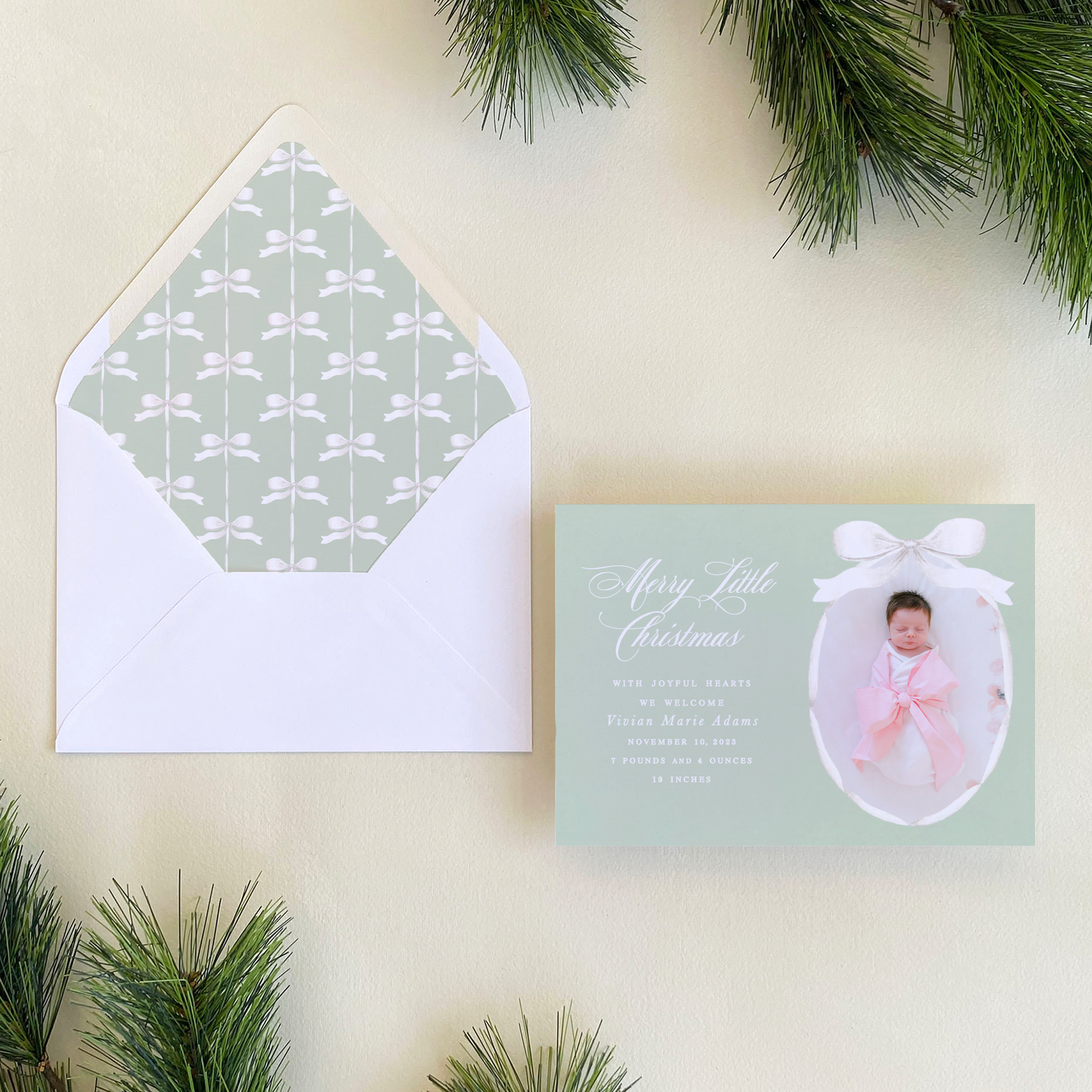 Satin Ribbon Holiday Card, Green - Landscape