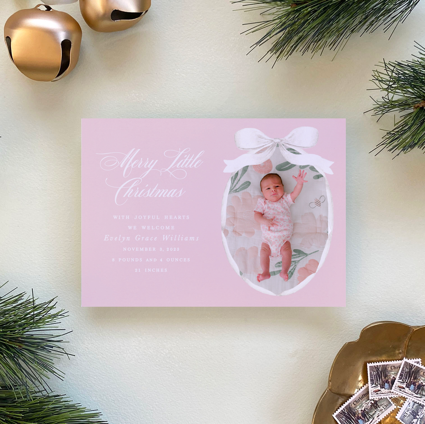 Satin Ribbon Holiday Card, Pink - Landscape