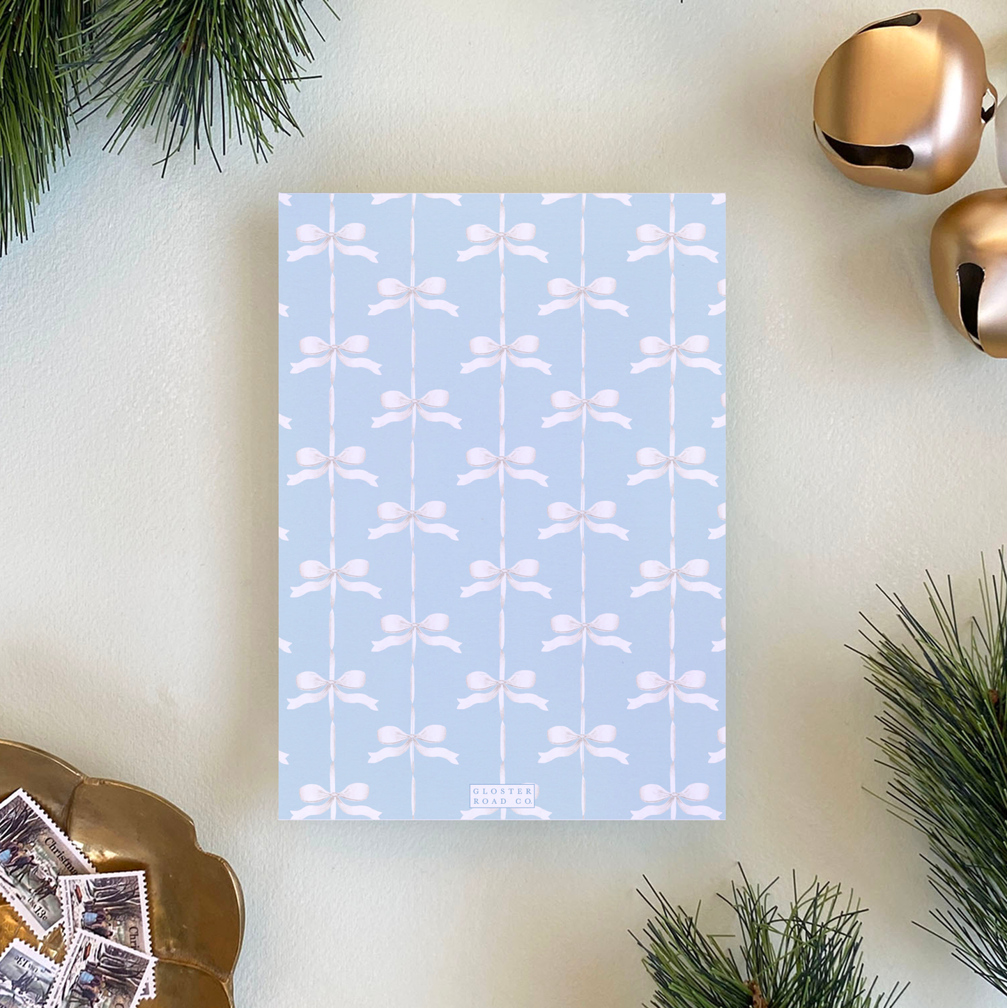 Satin Ribbon Holiday Card, Blue - Portrait