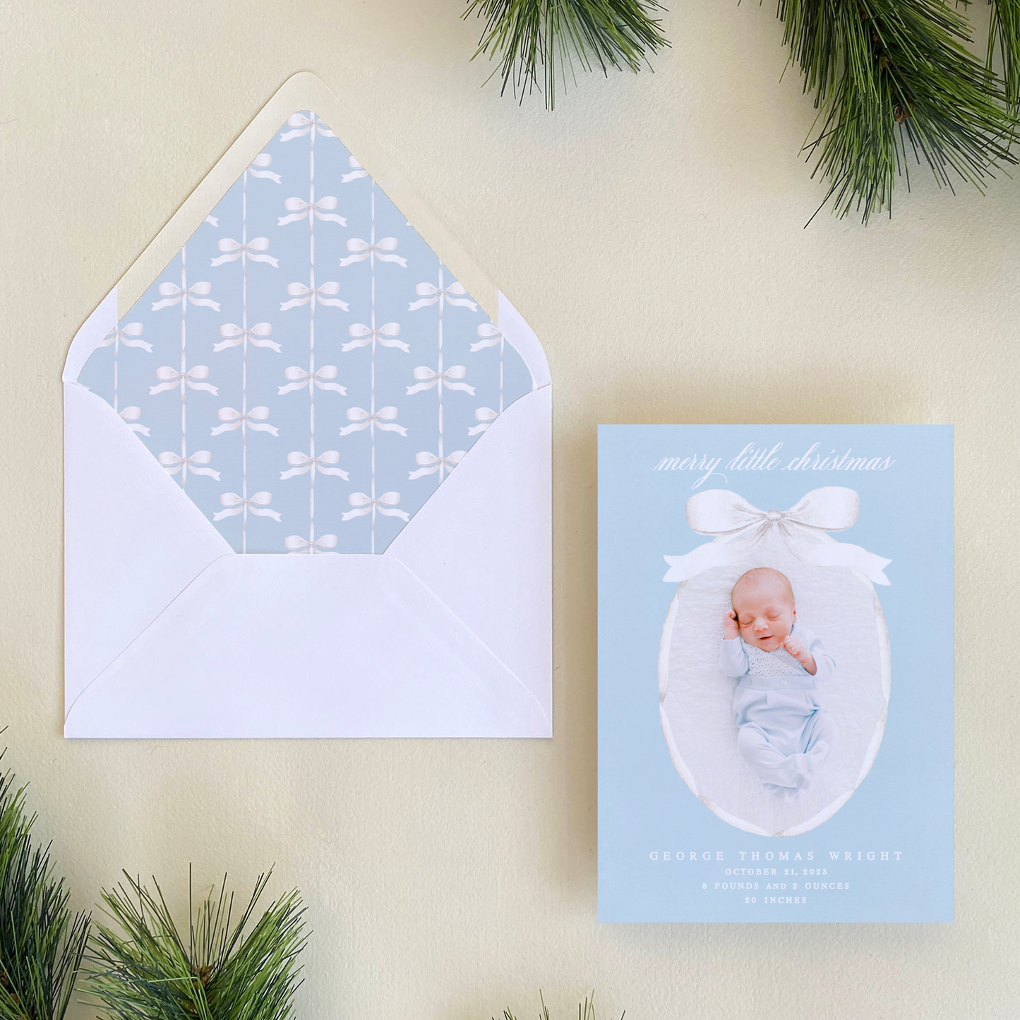 Satin Ribbon Holiday Card, Blue - Portrait