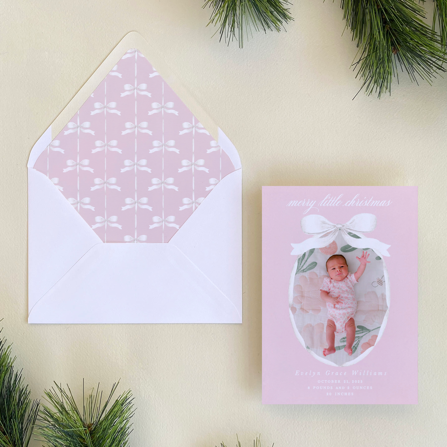 Satin Ribbon Holiday Card, Pink - Portrait