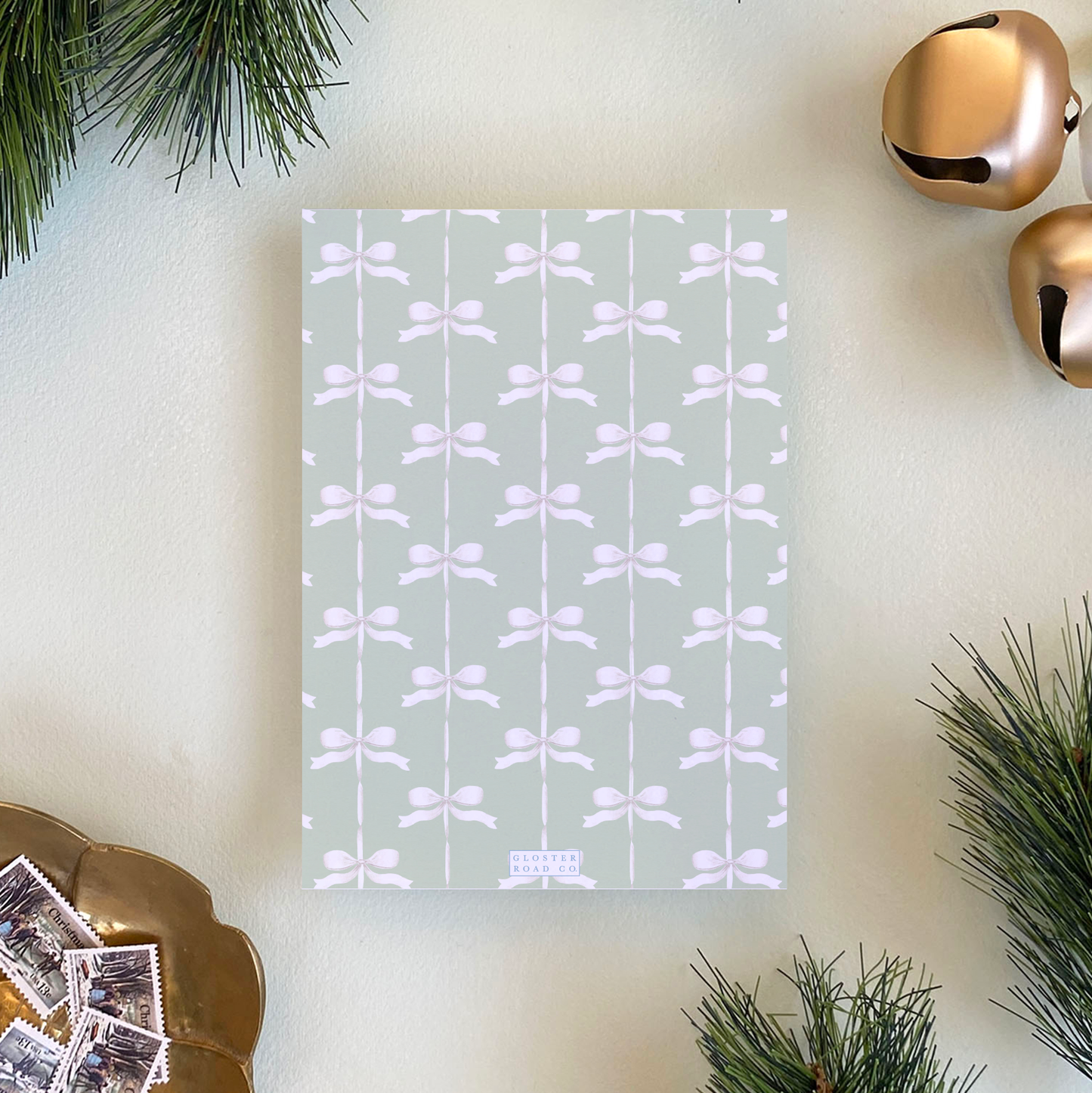 Satin Ribbon Holiday Card, Green - Portrait