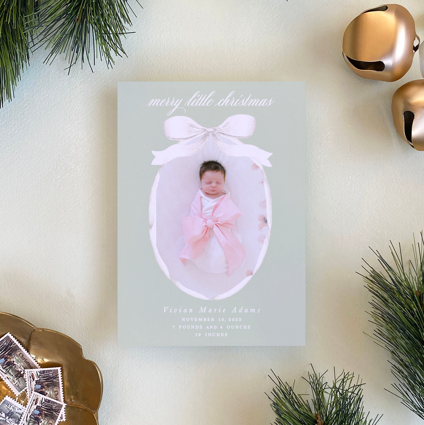 Satin Ribbon Holiday Card, Green - Portrait
