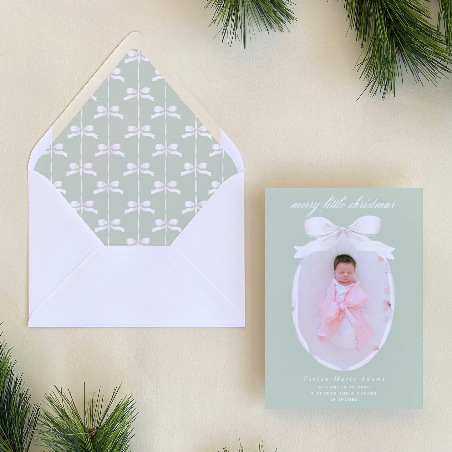 Satin Ribbon Holiday Card, Green - Portrait