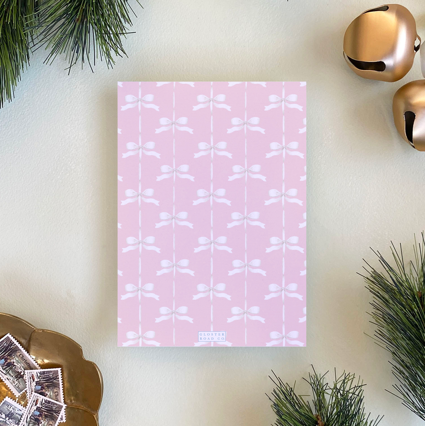 Satin Ribbon Holiday Card, Pink - Portrait