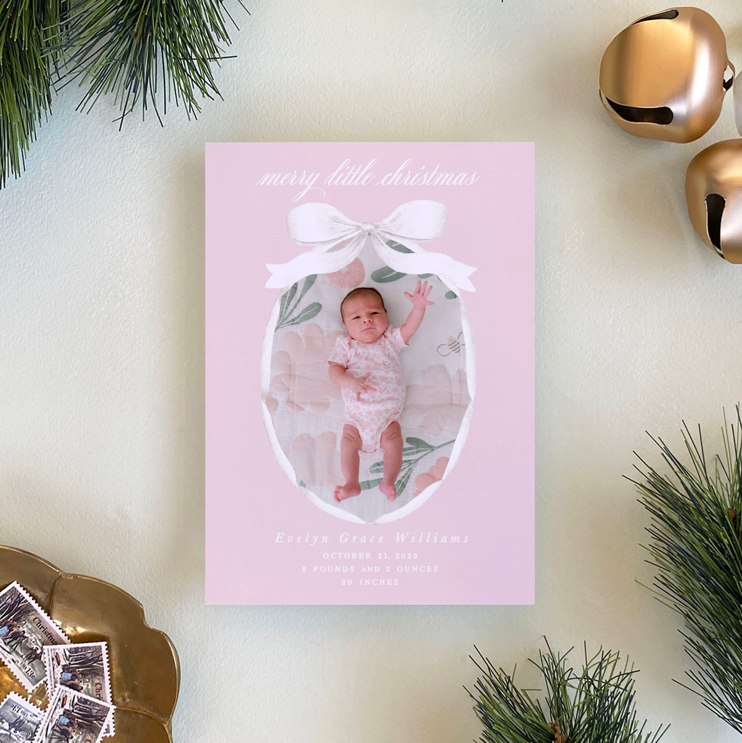 Satin Ribbon Holiday Card, Pink - Portrait