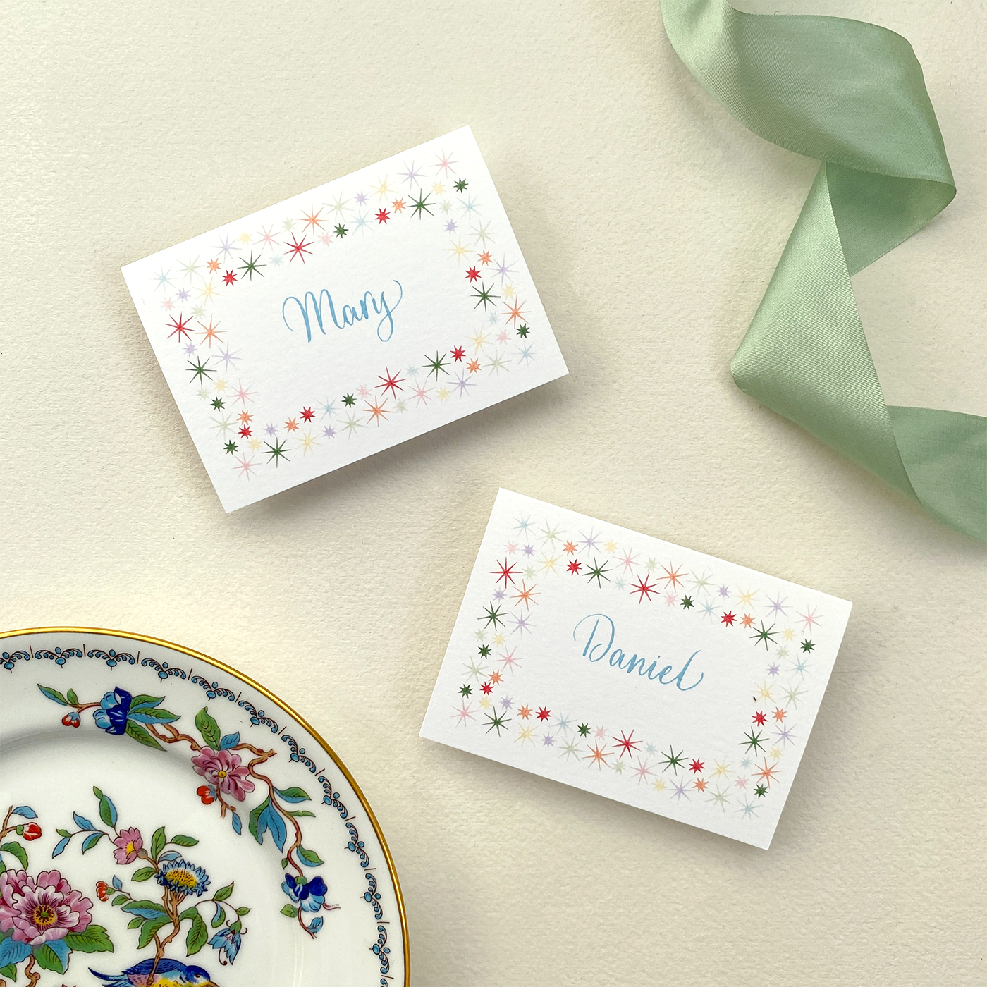 Starburst Border Place Cards with Calligraphy
