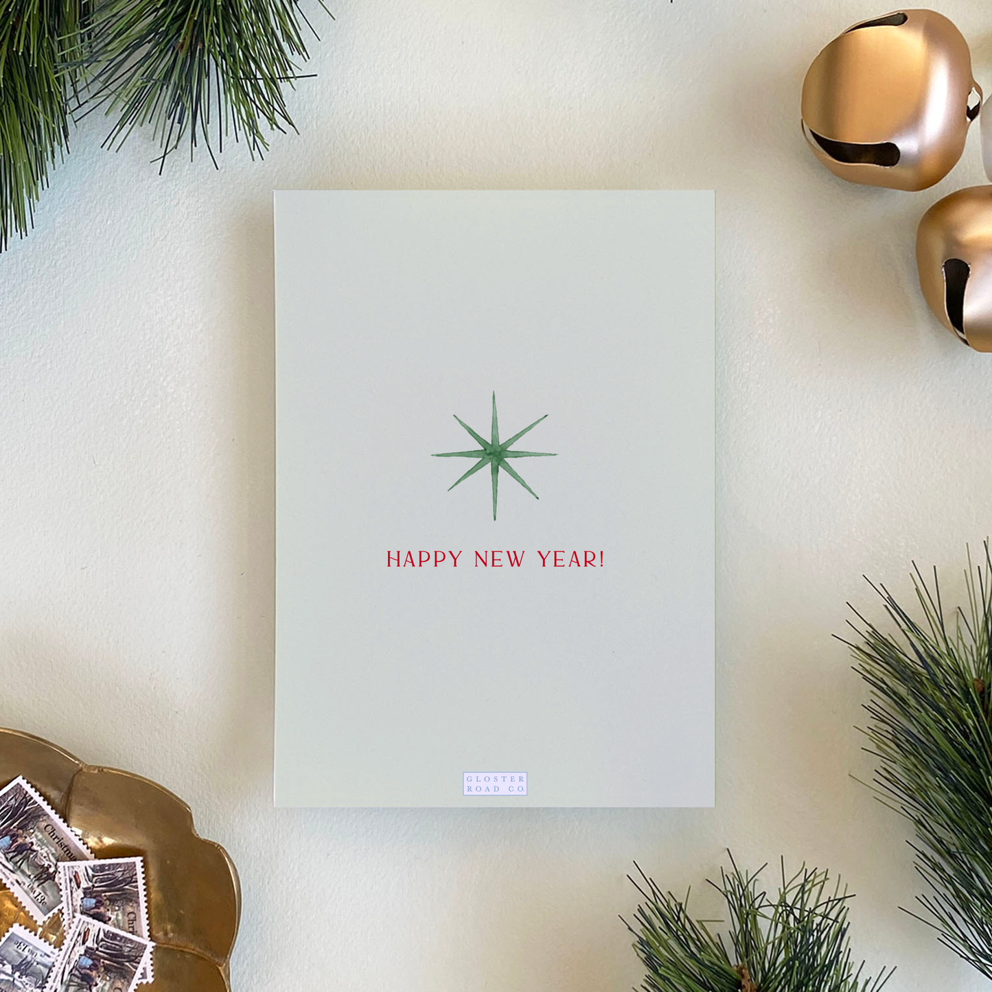 Red & Green Starburst Border Holiday Card, Portrait