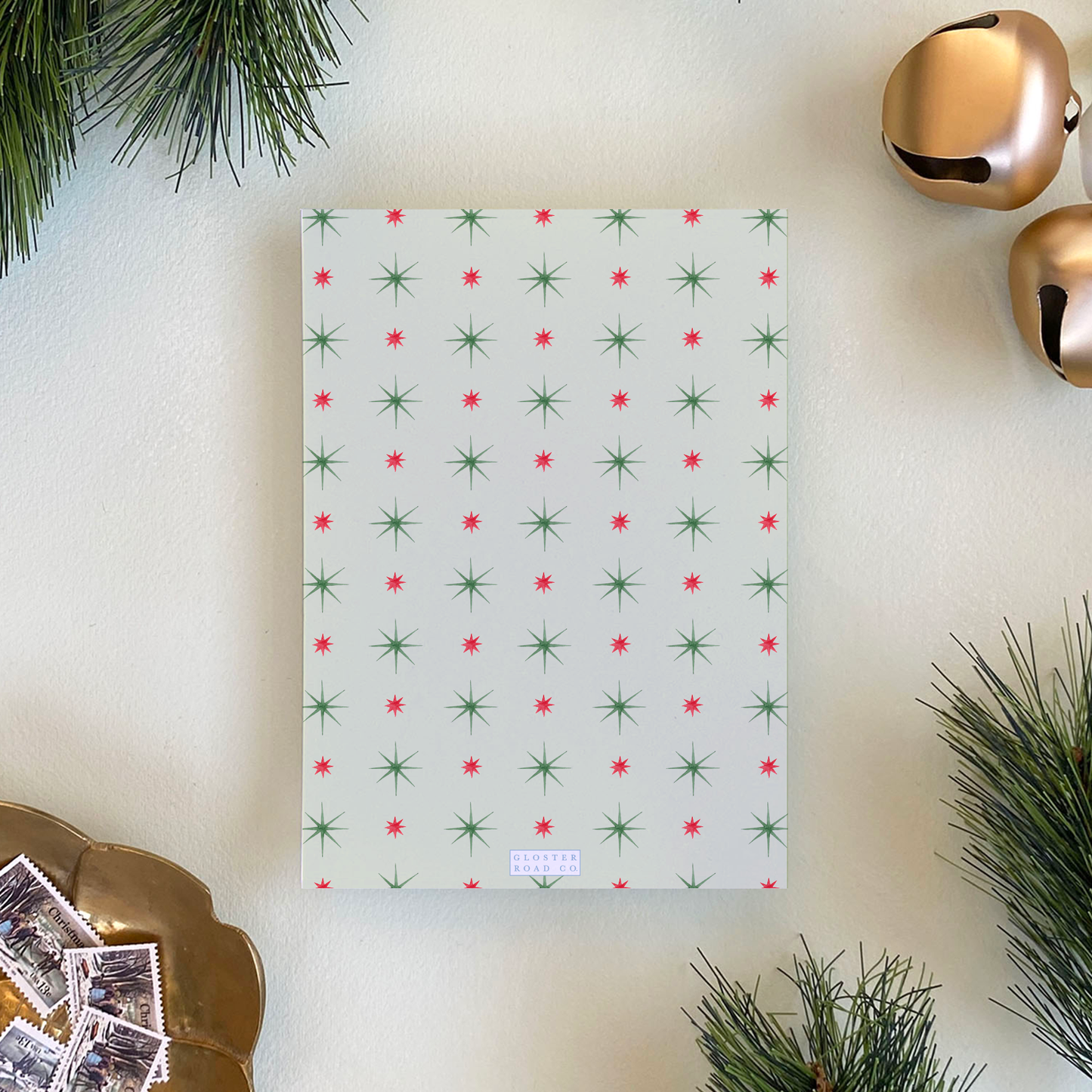 Red & Green Starburst Border Holiday Card, Portrait