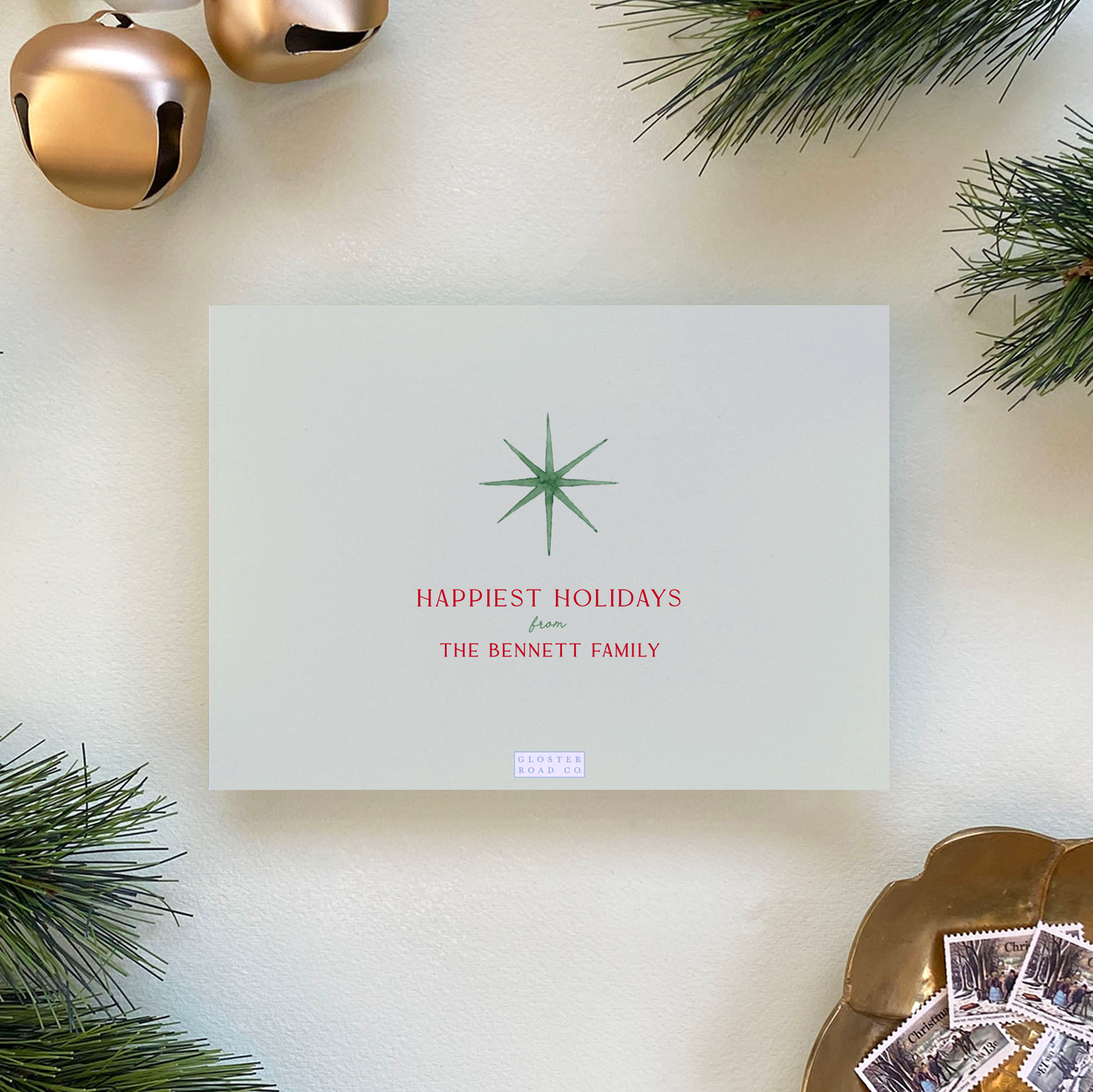 Red & Green Starburst Border Holiday Card, Landscape