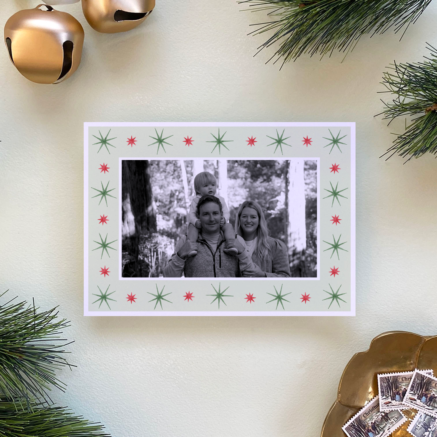 Red & Green Starburst Border Holiday Card, Landscape