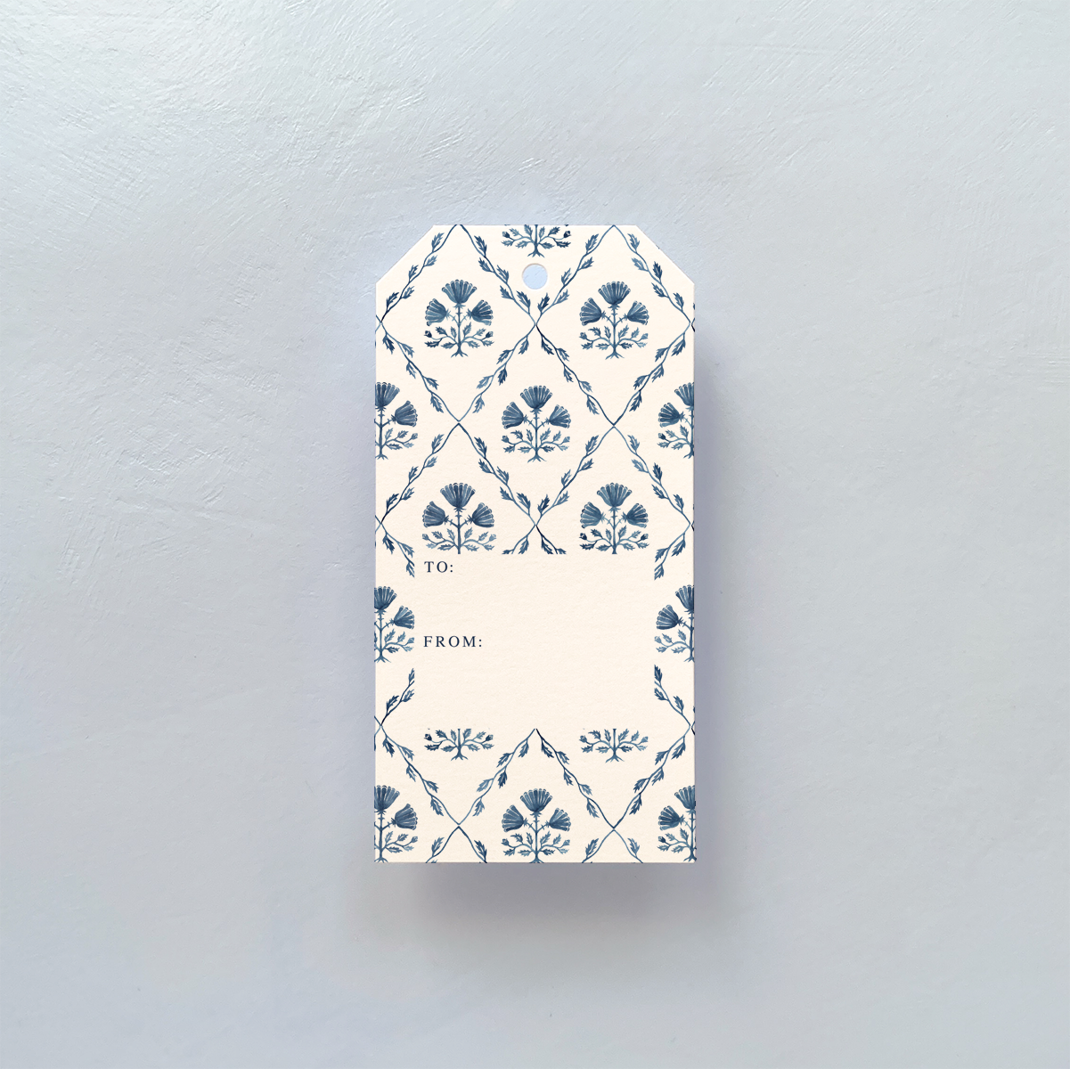 GIFT TAG WITH BLUE AND WHITE DESIGN