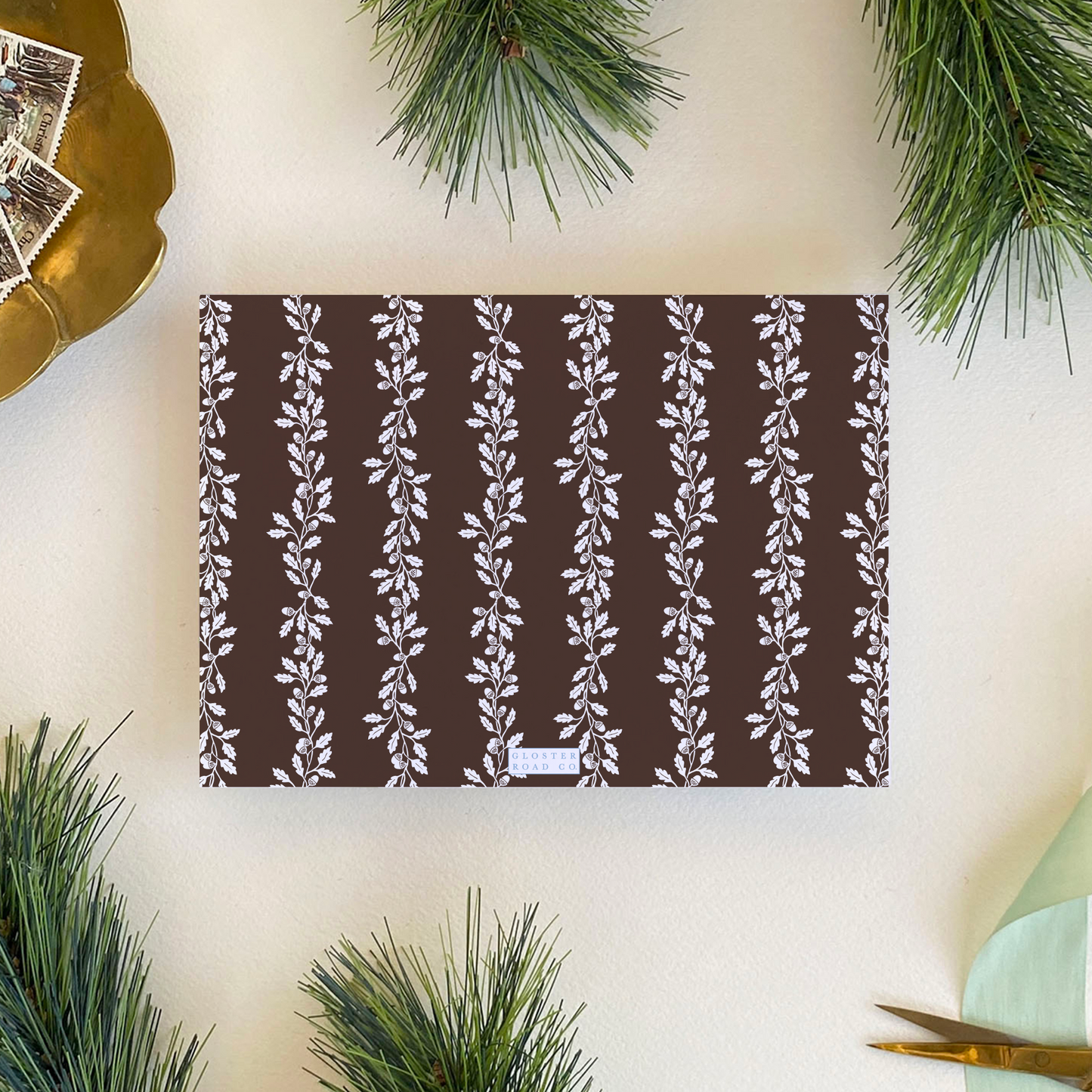 Acorn Stripe Holiday Card, Espresso - Landscape