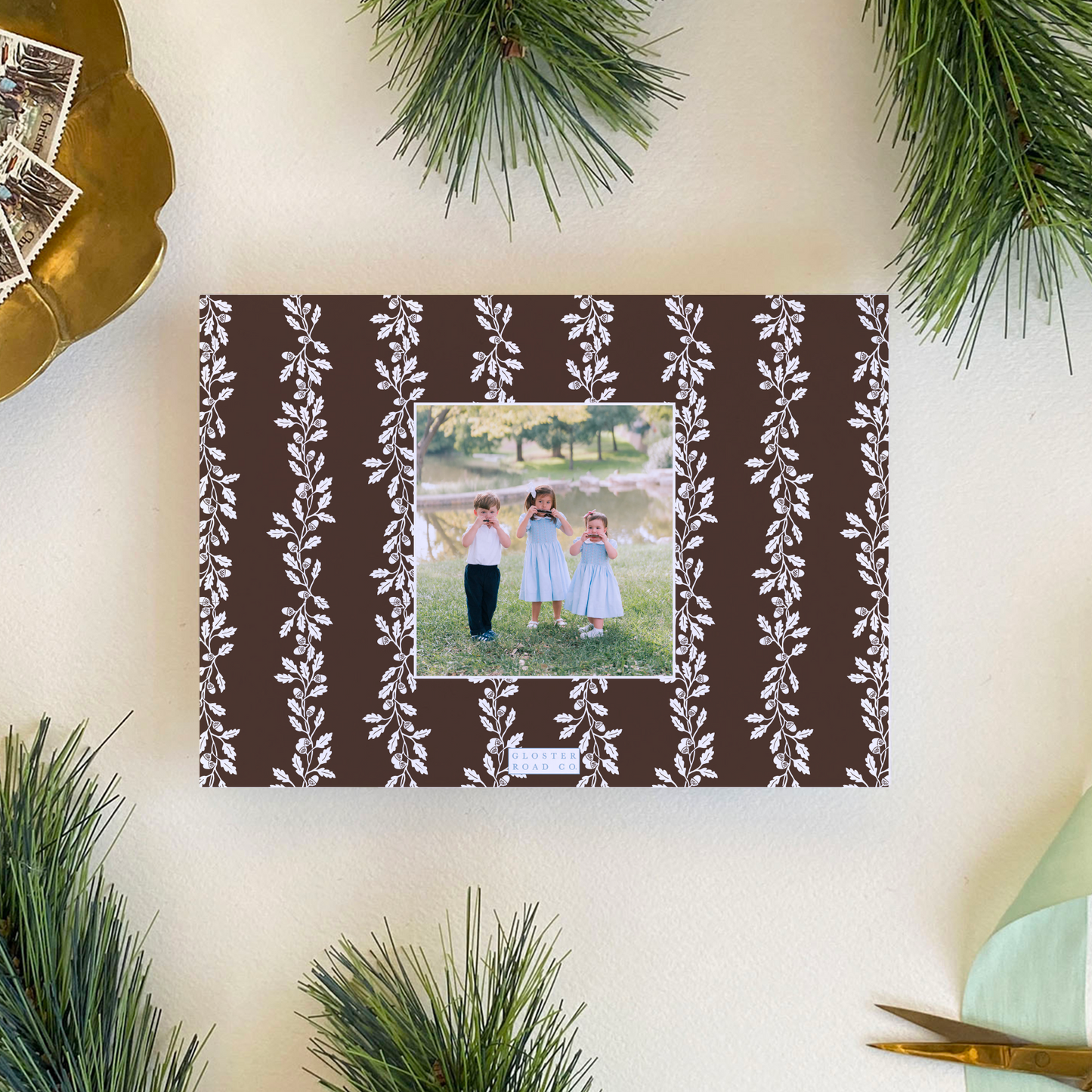 Acorn Stripe Holiday Card, Espresso - Landscape