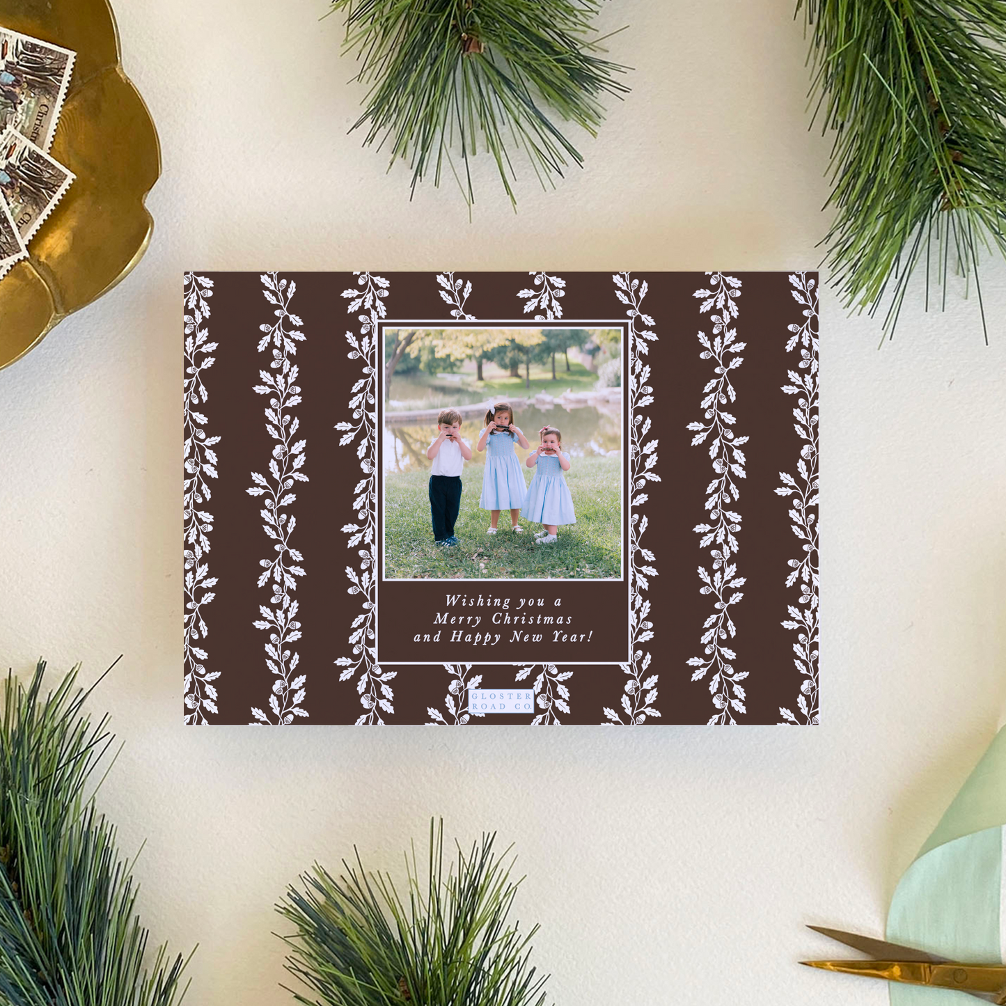 Acorn Stripe Holiday Card, Espresso - Landscape