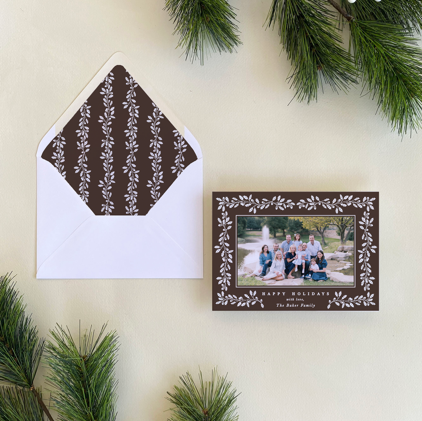 Acorn Stripe Holiday Card, Espresso - Landscape